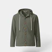 Allzom Men's loose fit hooded beach jacket in olive green linen with button-down front and white drawstrings.