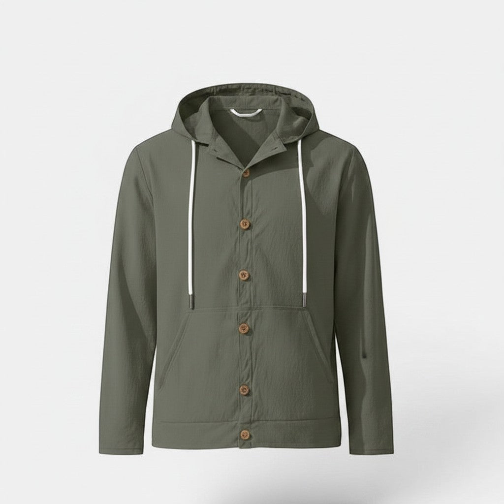 Allzom Men's loose fit hooded beach jacket in olive green linen with button-down front and white drawstrings.