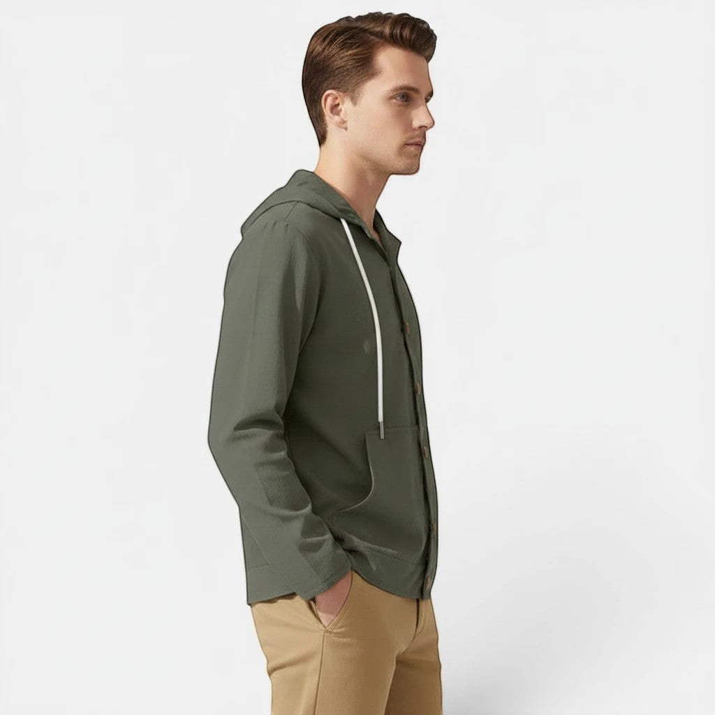 Allzom men's loose fit hooded beach jacket in olive green linen with button-down front and white drawstrings.