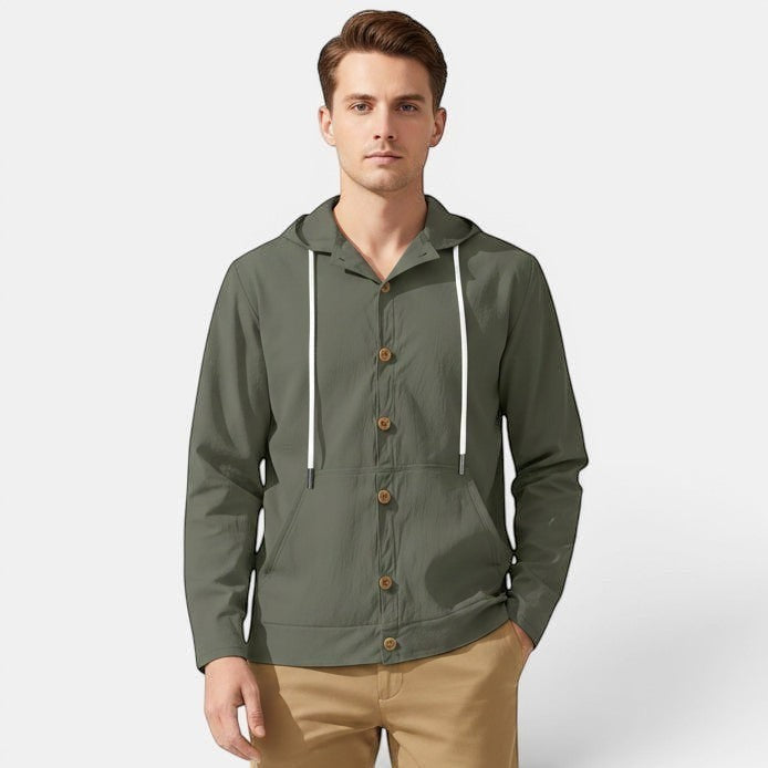 Allzom Men's loose fit hooded beach jacket in olive green linen with button-down front and white drawstrings.