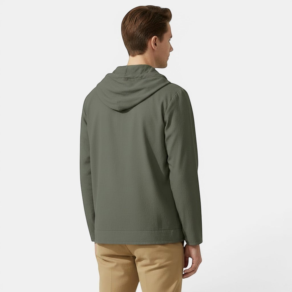 Allzom Men's Loose Linen Hooded Beach Jacket in olive green, featuring a button-down front and relaxed fit.