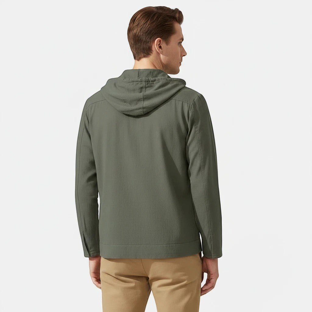 Allzom Men's loose fit hooded beach jacket in olive green linen. Long sleeves, button-down front.