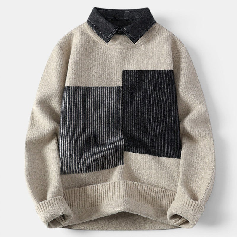 Allzom bege sweater com gola de camisa em contraste, com blocos de cores e riscas verticais em bege e preto. Malha grossa.