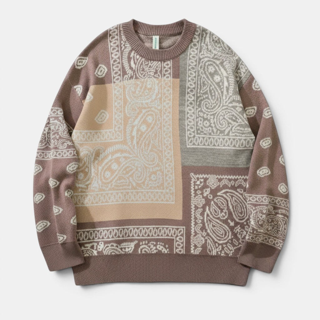 Allzom sweater de malha com padrão paisley em blocos de cores castanhas e beges, com gola redonda e punhos canelados.