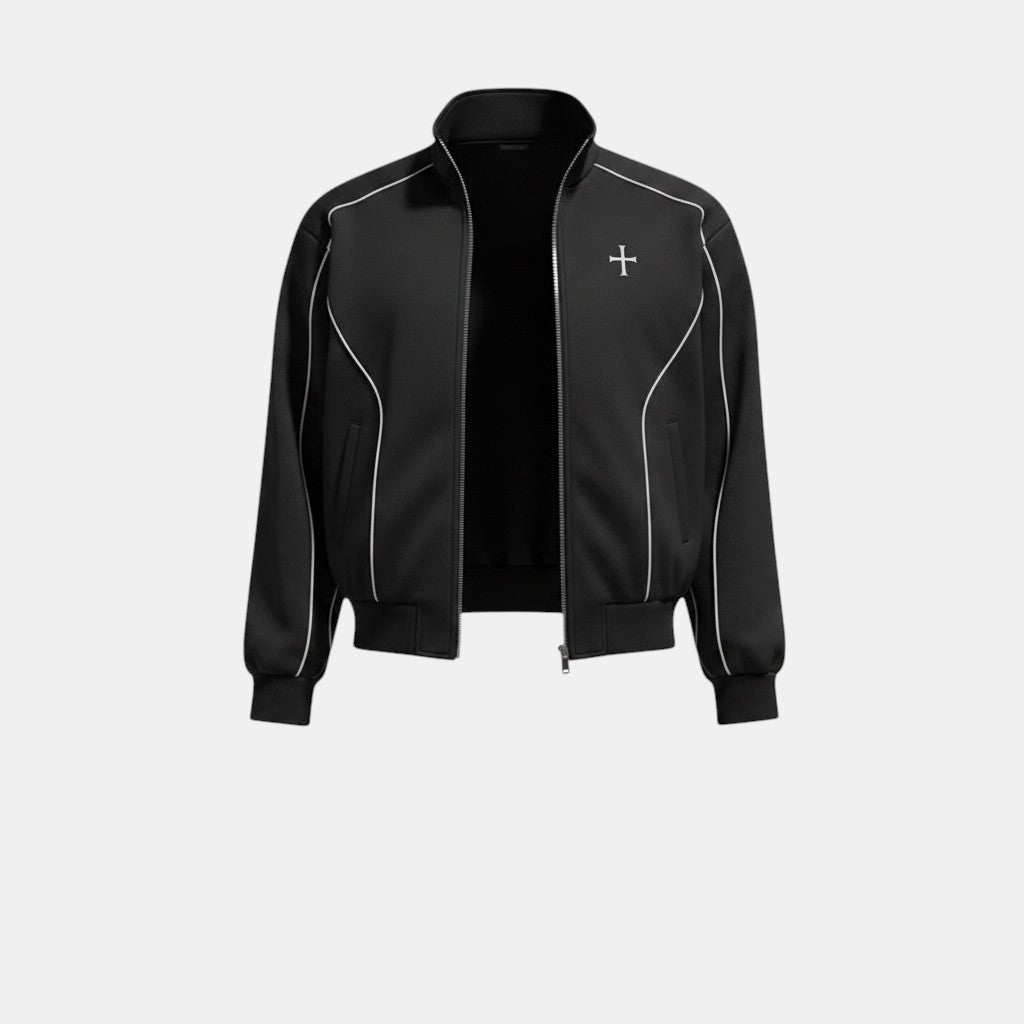 Allzom Men's black casual sports suit jacket with white piping and a small cross logo on the chest.