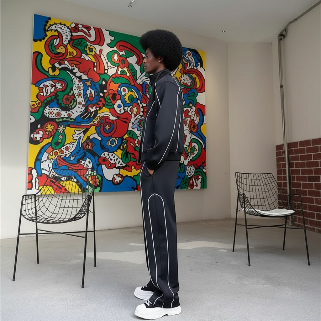 Allzom Men's black casual sports suit with wide-leg trousers and white piping detail.
