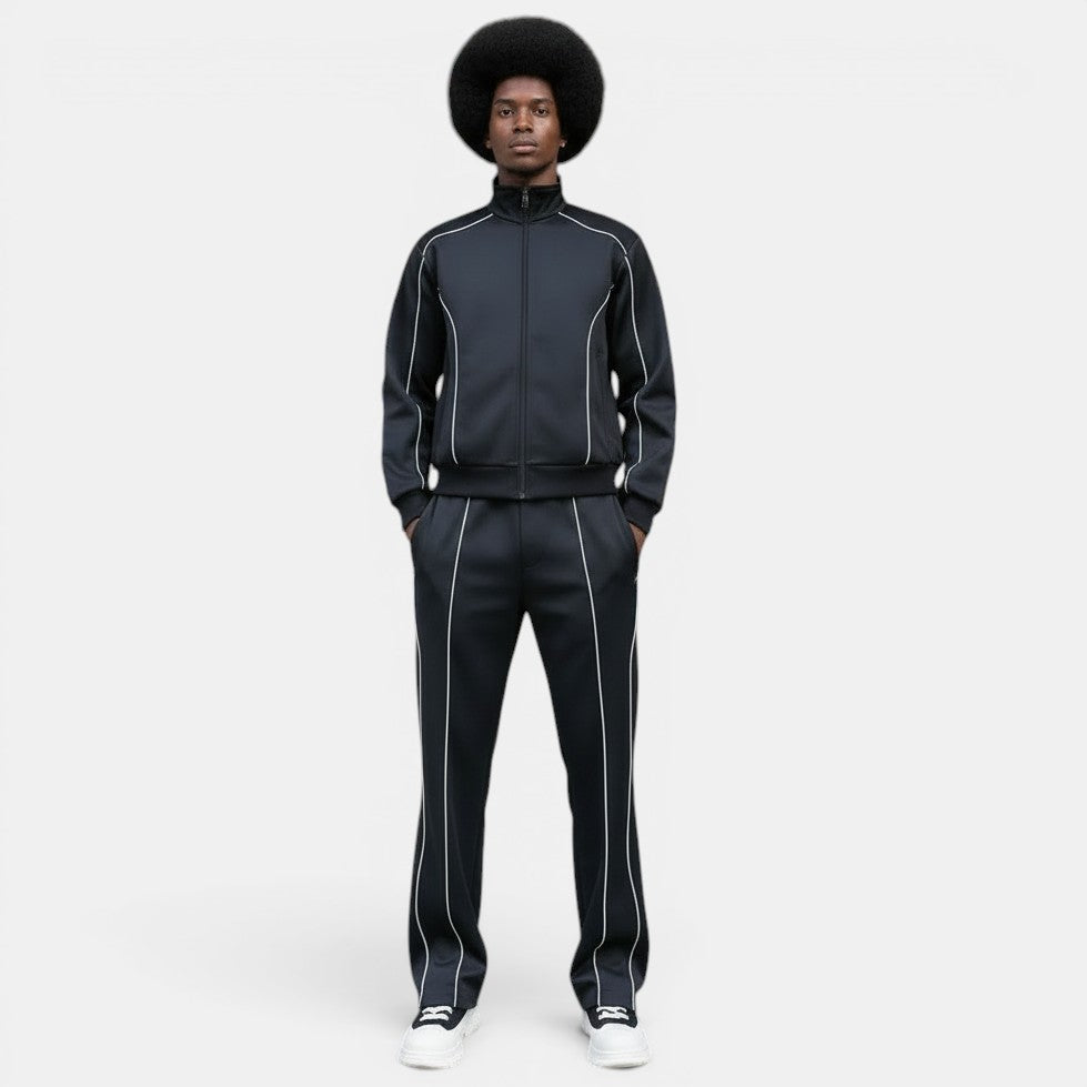 Allzom Men's black wide-leg sports suit with white piping detail. Full tracksuit.