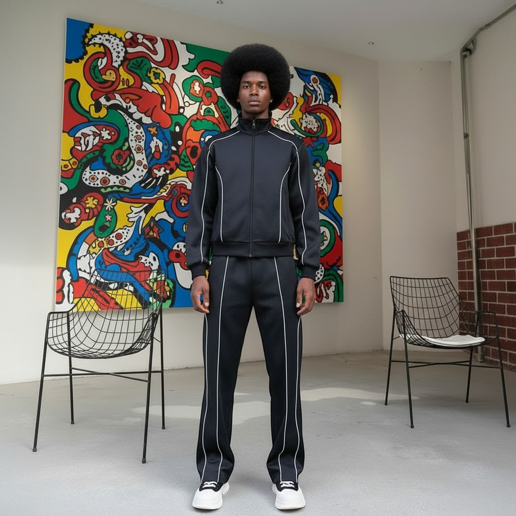 Allzom Men's black wide-leg sports suit with white piping detail. Full tracksuit with zip-up jacket and trousers.