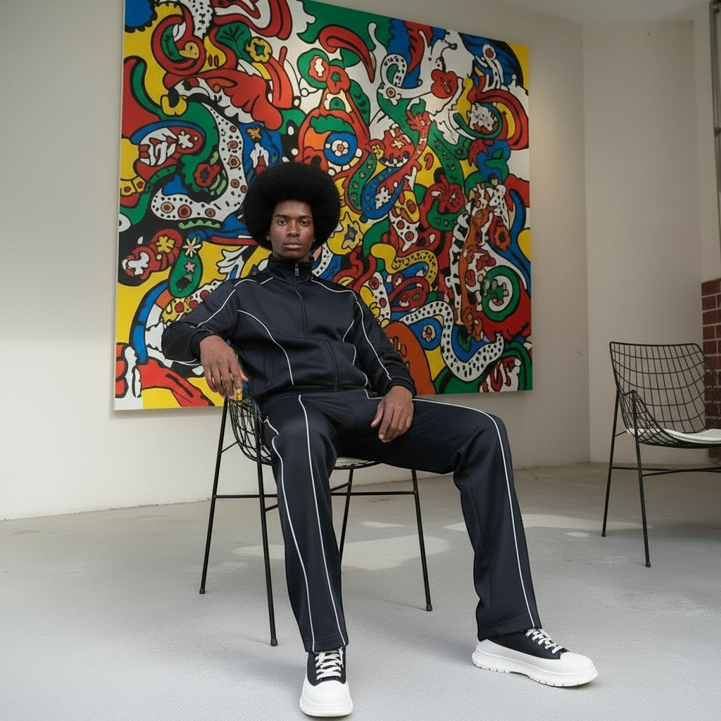 Allzom Men's black wide-leg sports suit with white piping detail. Model seated.