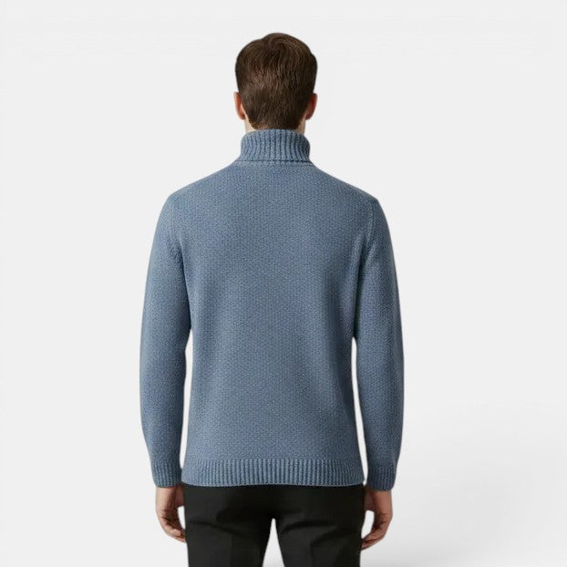Allzom Men's slim-fit blue turtleneck sweater with a thickened knit for warmth and a soft feel.