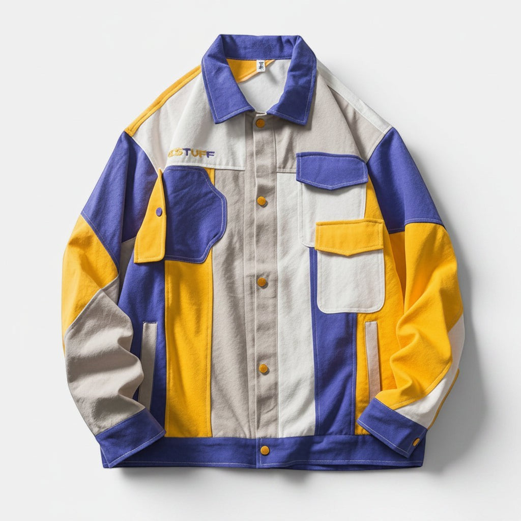 Allzom Men's Campus casual loose jacket in color block yellow, purple and beige cotton with chest pockets and embroidered logo.