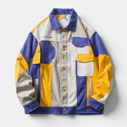 Allzom Men's Campus casual loose jacket in color block yellow, purple and beige cotton with chest pockets and embroidered logo.