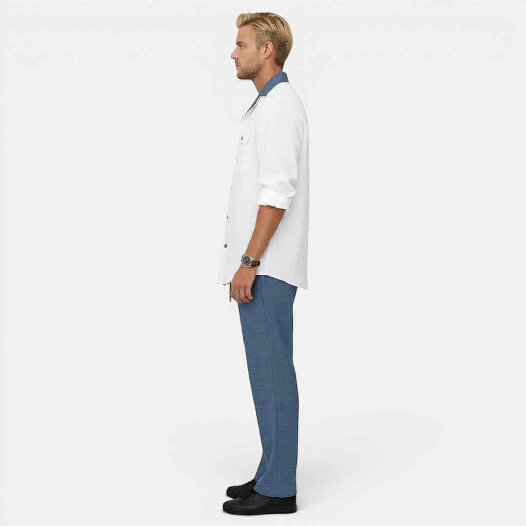 Allzom Men's white casual shirt with blue collar and blue textured trousers, styled for everyday wear.