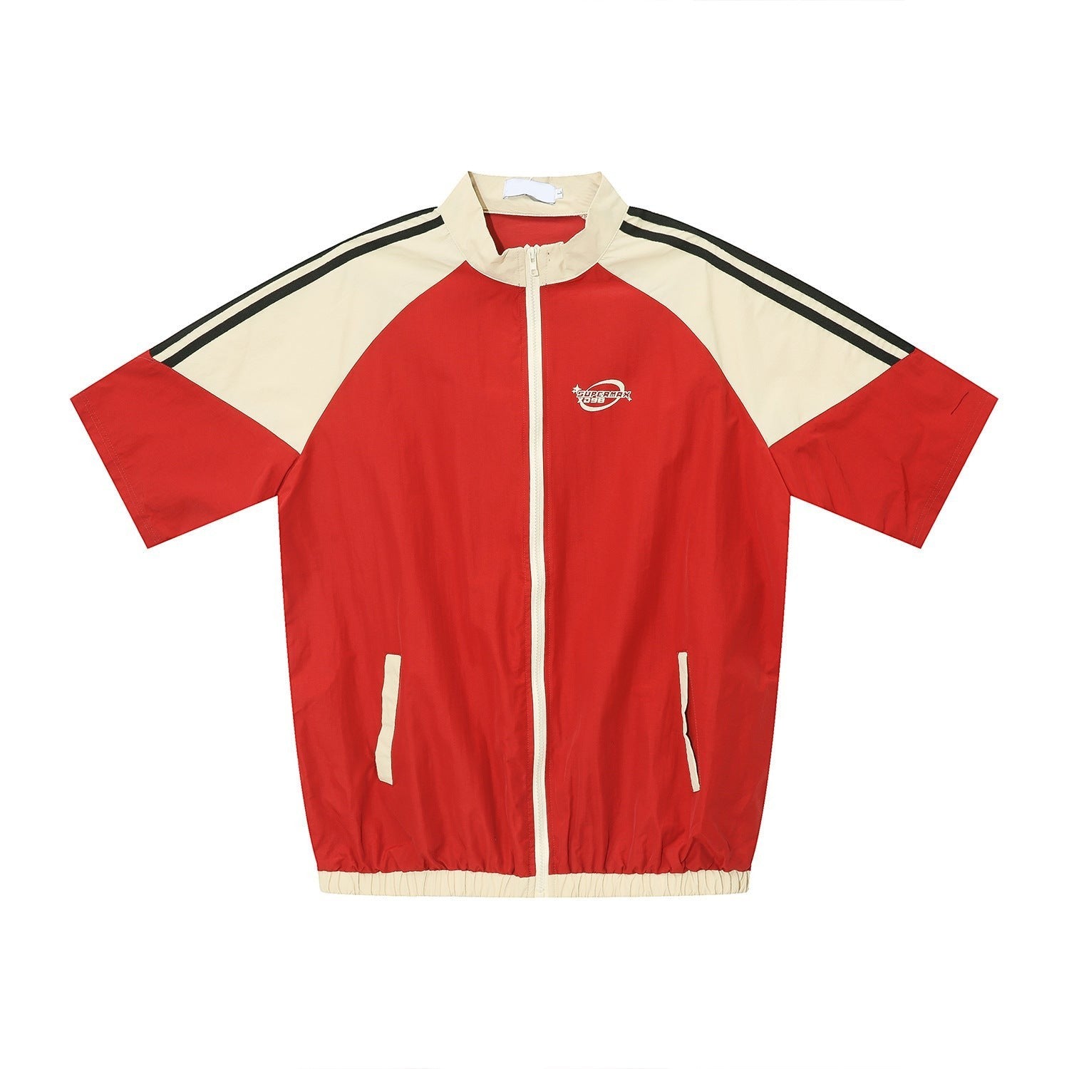 Allzom Men's red casual sports set with cream sleeves and black stripes. Features contrast detailing and shorts.