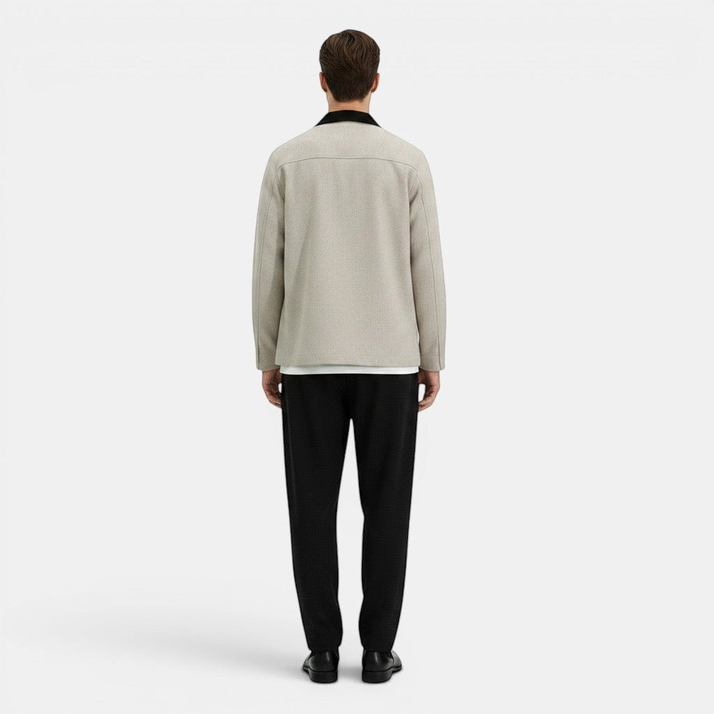 Allzom men's light beige textured casual suit coat with black collar and matching trousers.