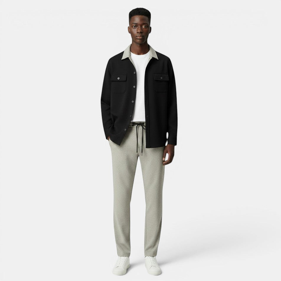 Allzom Men's black casual suit coat with grey collar, white t-shirt and grey trousers.