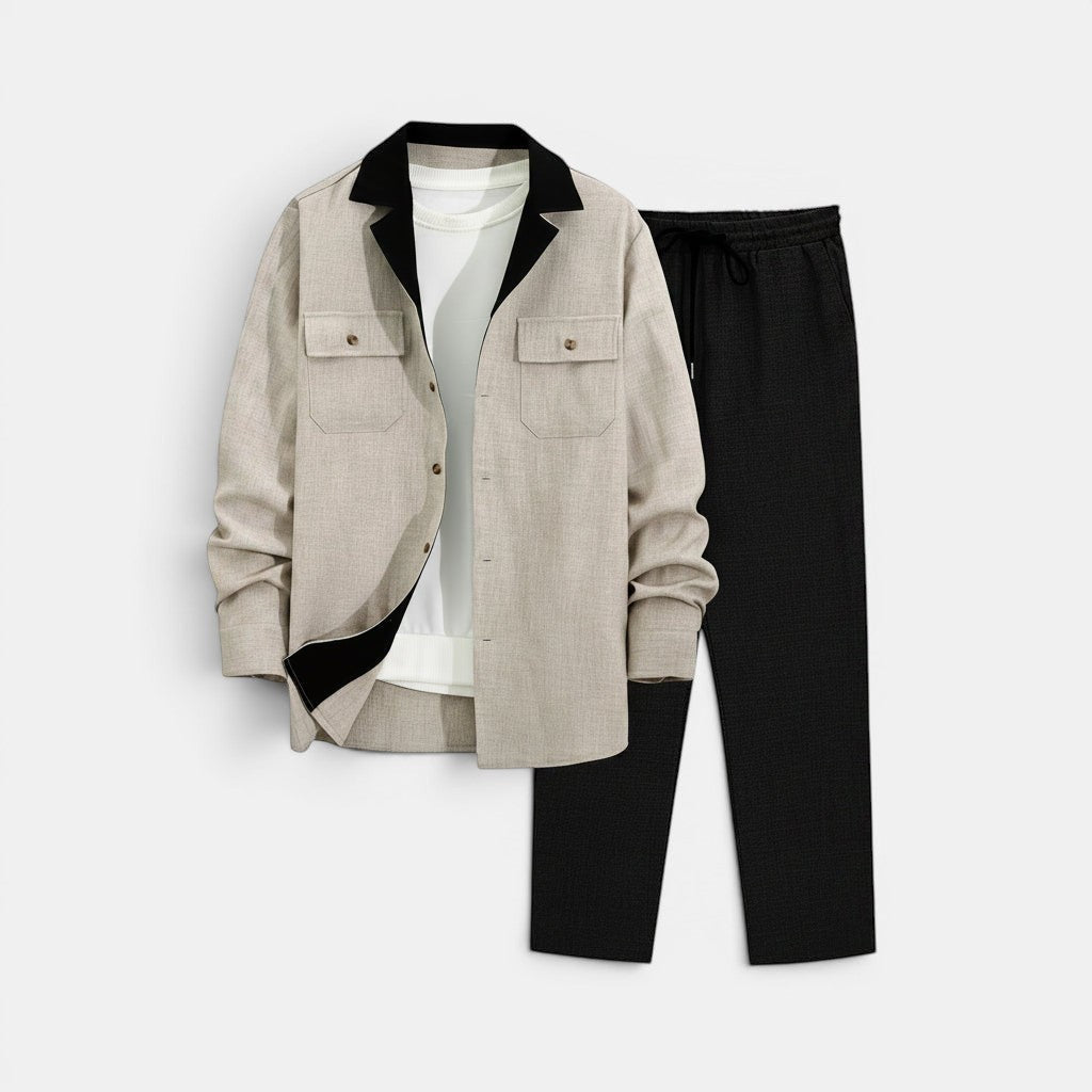 Allzom men's beige casual suit coat set with black collar and black trousers, featuring two chest pockets.