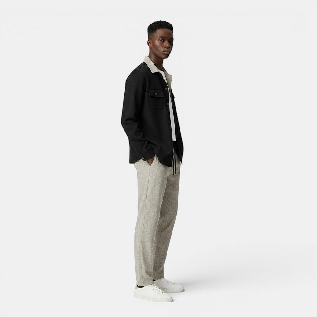 Allzom Men's black casual suit coat set with light grey trousers and white t-shirt.