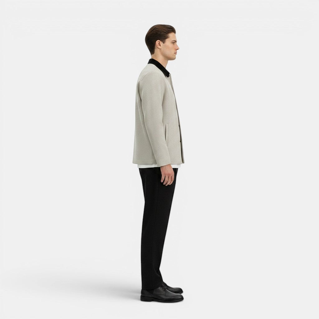 Allzom Men's light grey textured casual suit coat with black collar and black trousers.