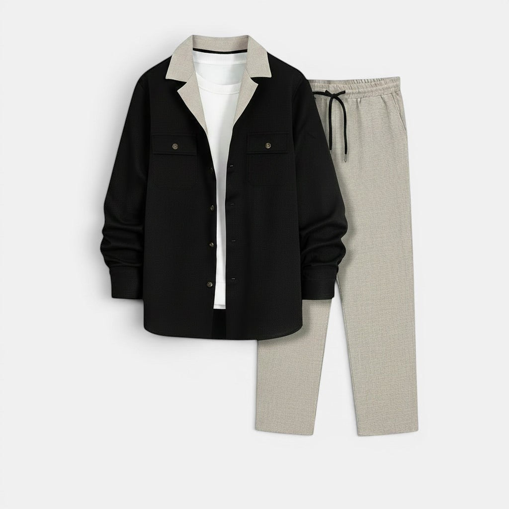 Allzom Men's Creative Casual Suit Coat Set in black with a contrasting grey collar, paired with light grey trousers.