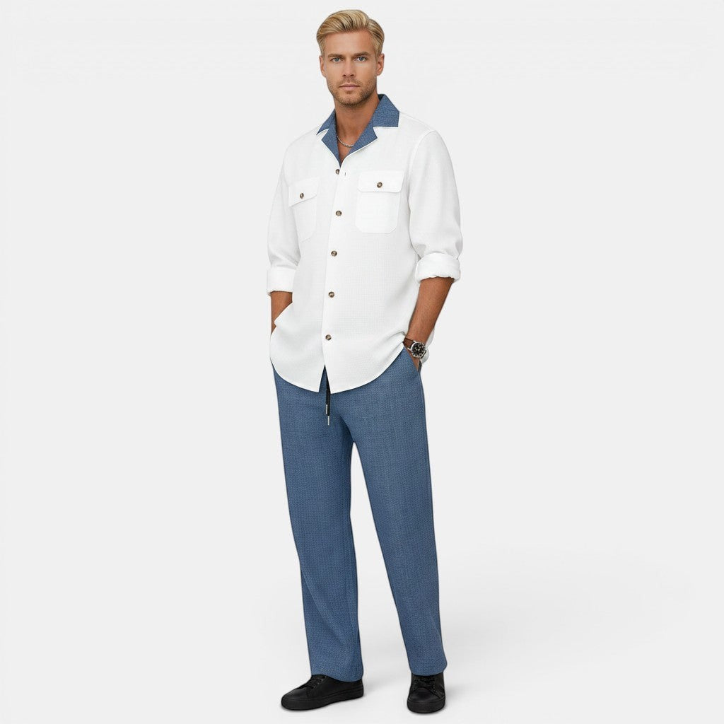 Allzom Men's white textured shirt with blue collar and blue patterned trousers. Casual suit set.