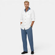 Allzom Men's white textured shirt with blue collar and blue patterned trousers. Casual suit set.