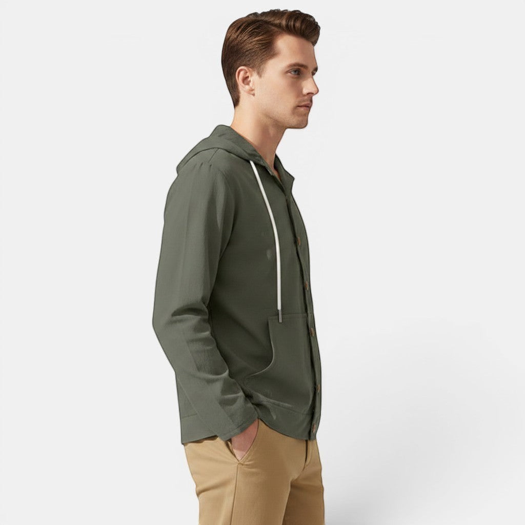 Allzom Men's loose fit olive green hooded linen beach jacket with button-down front and long sleeves.