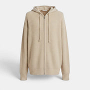 Allzom Men's beige knitted hooded sweater coat with zip closure and loose fit.
