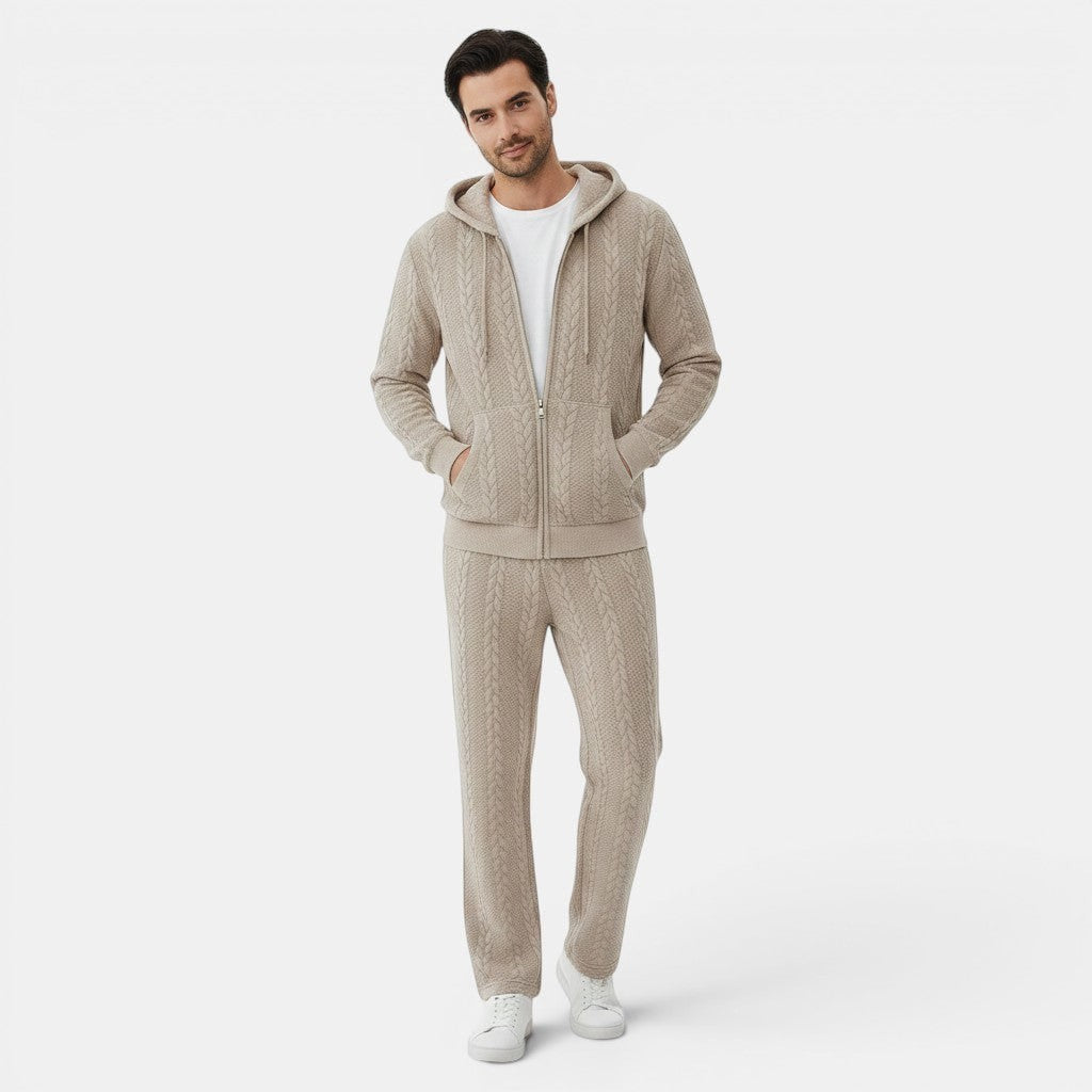 Allzom Men's beige jacquard knit hoodie and pants set with textured pattern and zip-up hoodie.