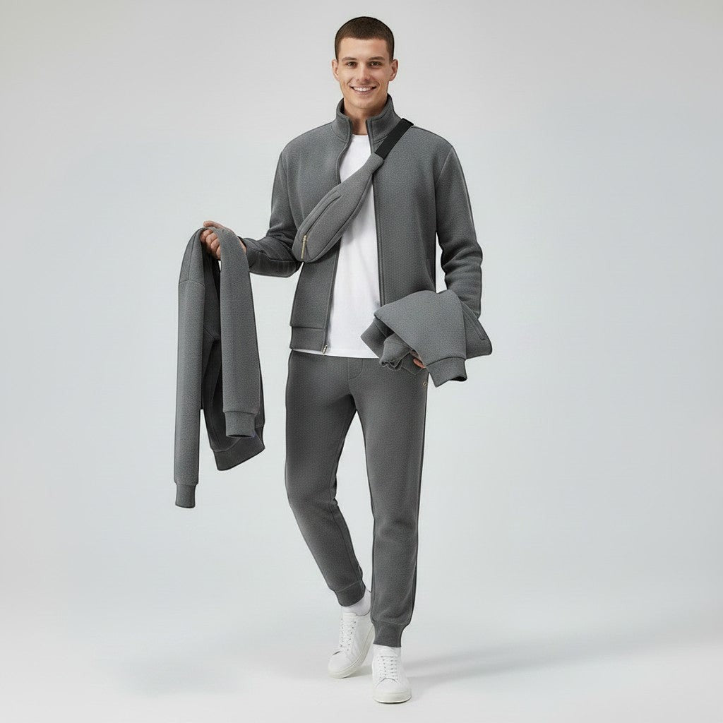 Allzom Men's grey polar fleece lapel coat and matching trousers set, with a white t-shirt and white sneakers.