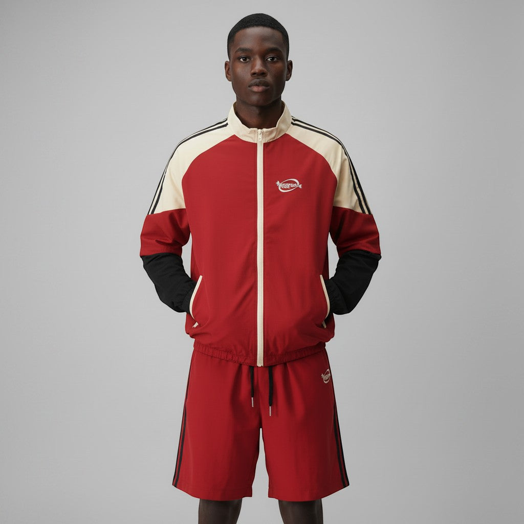 Allzom Men's red casual sports set with cream and black contrast detailing, featuring shorts and a zip-up jacket with logo.