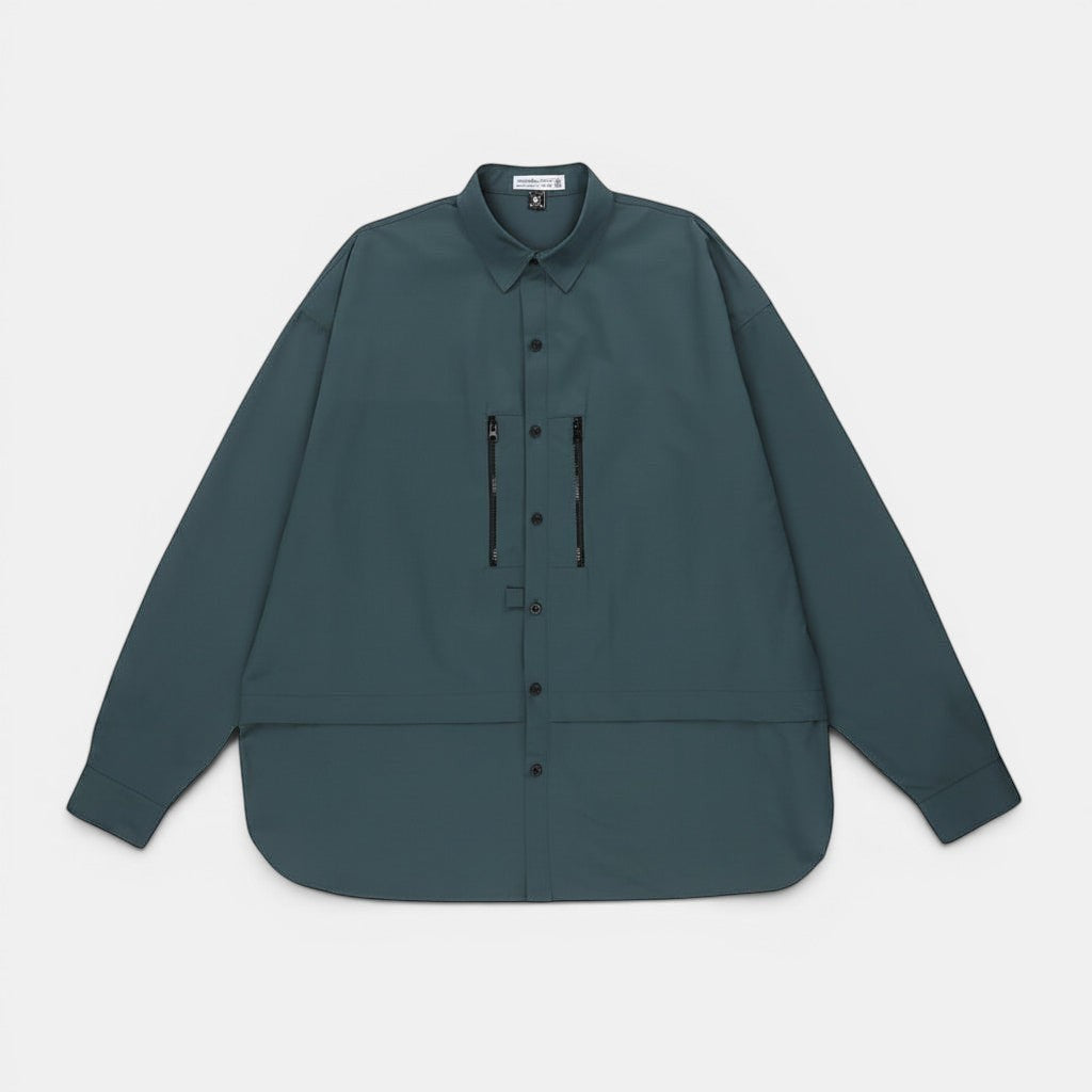 Allzom men's teal long-sleeve shirt jacket with zipper pockets and button closure.