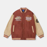 Allzom Men's American retro baseball jacket in brown and beige with "1988 Aged to Perfection" graphic.