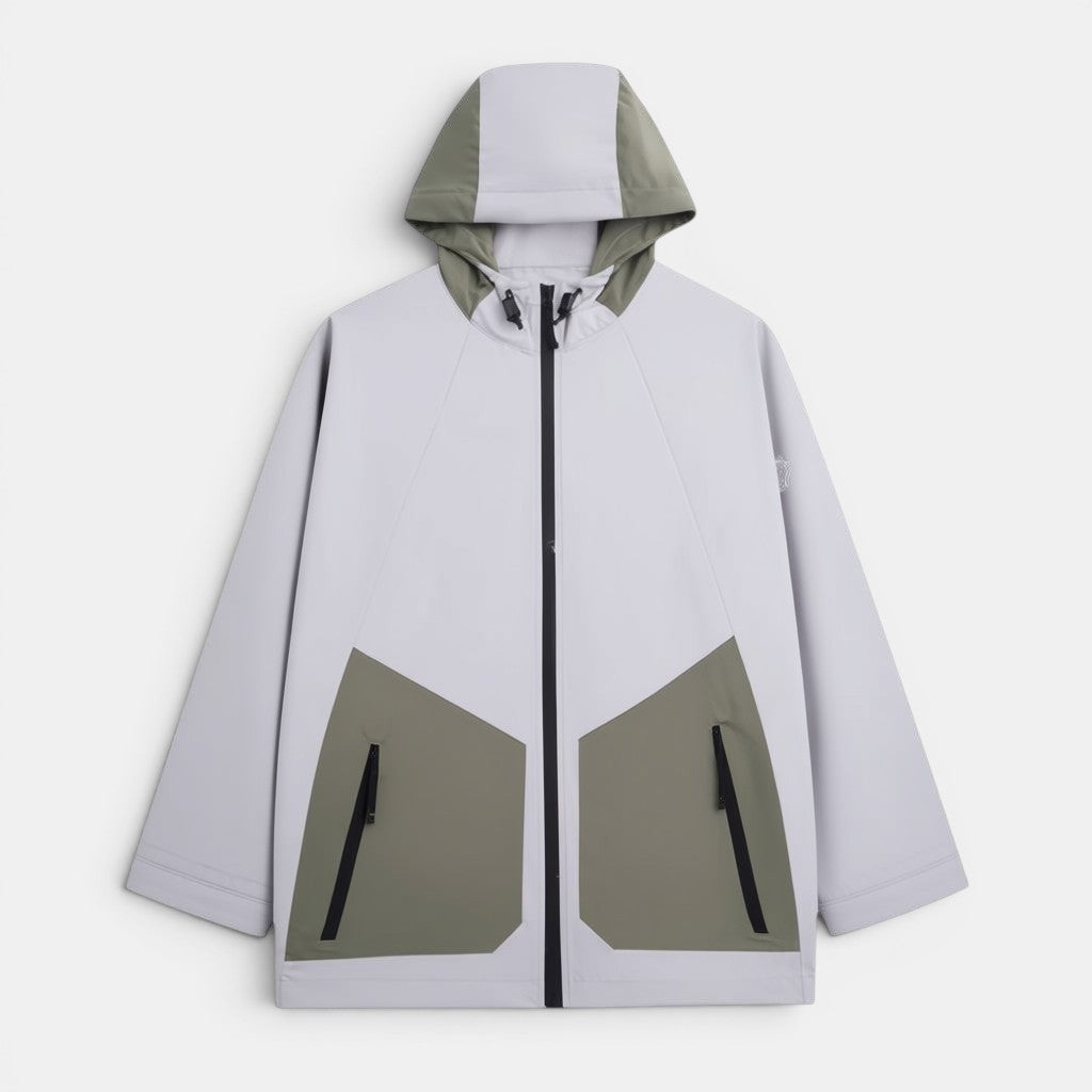 Allzom men's light grey and olive green hooded outdoor assault suit jacket with zip closure and pockets.