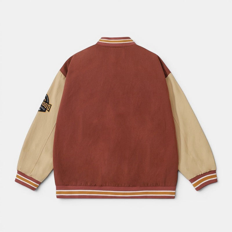 Allzom Men's American retro baseball jacket in rust and beige with striped cuffs and collar.