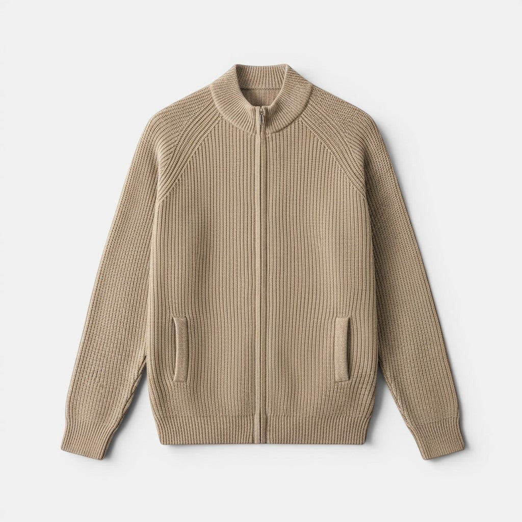 Allzom men's beige ribbed knit half-turtleneck zipper cardigan jacket with pockets.