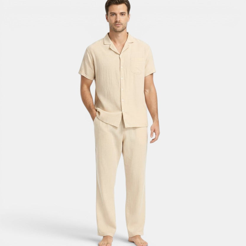 Allzom Men's beige linen-look short-sleeve shirt and trousers set. Relaxed fit, ideal for exercise or casual wear.