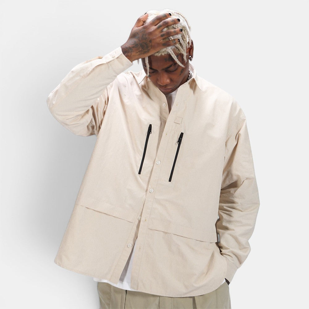 Allzom men's beige long-sleeve shirt jacket with zipper pockets and button closure, lightweight and versatile.