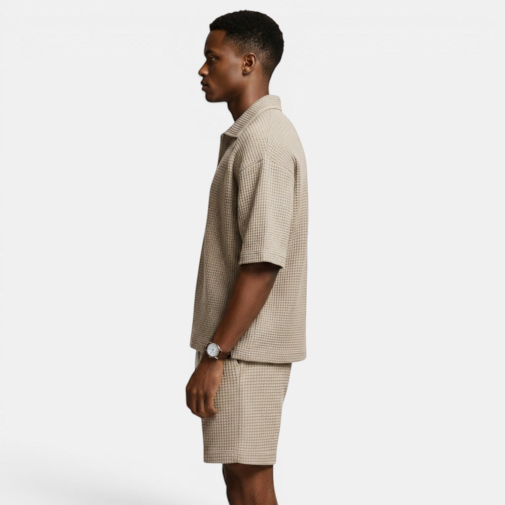 Allzom men's beige waffle knit zip-up short-sleeve shirt and matching shorts set.