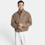 Allzom Men's fashion-forward beige wool blend coat with a structured silhouette and button closure.