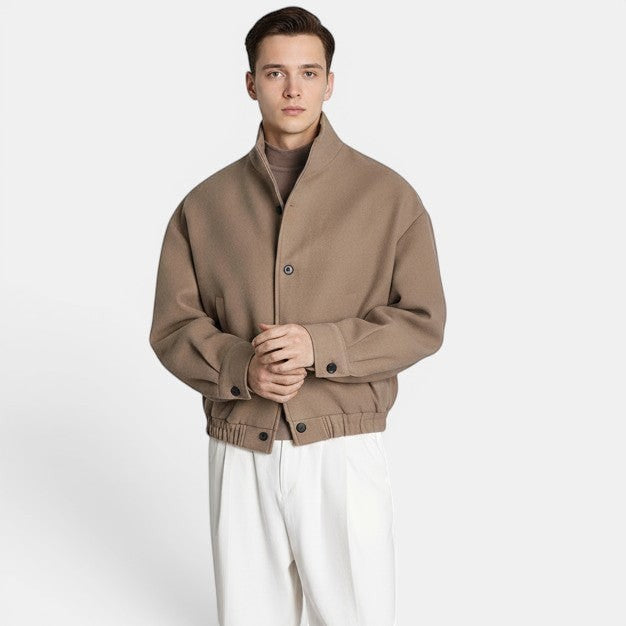 Allzom Men's fashion-forward beige wool blend coat with a structured silhouette and button closure.