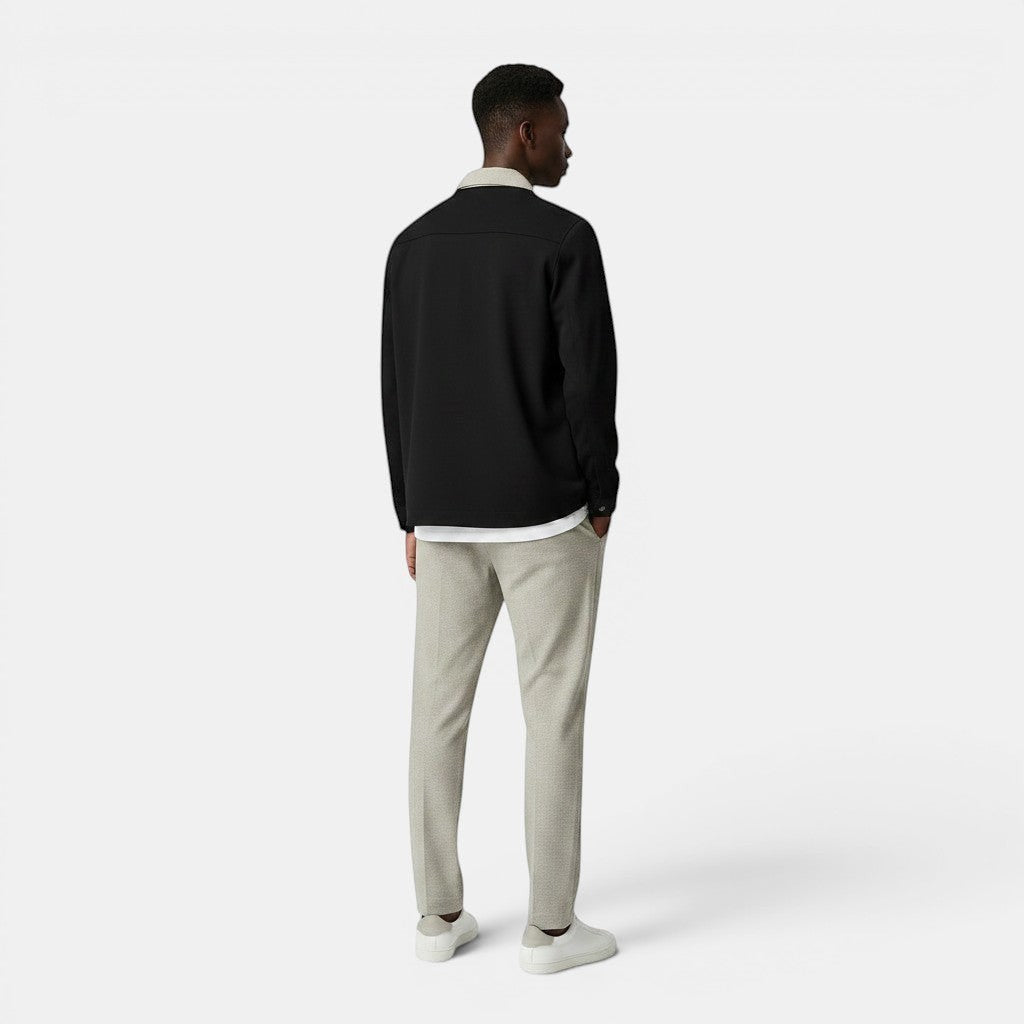 Allzom Men's black casual suit coat with beige collar and light grey patterned trousers.