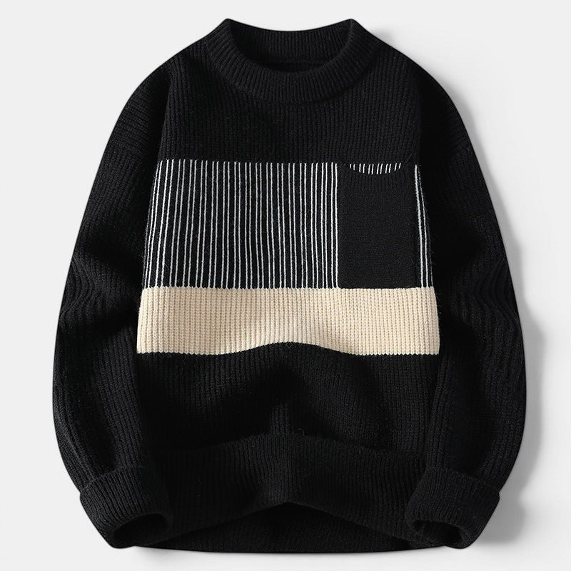 Allzom men's black knit coat sweater with cream stripe and vertical line detail on chest. Long sleeves, mock neck.
