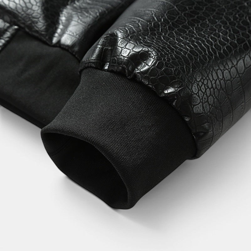 Allzom men's black crocodile-effect leather bomber jacket with ribbed cuffs and hem. Trendy casual style.