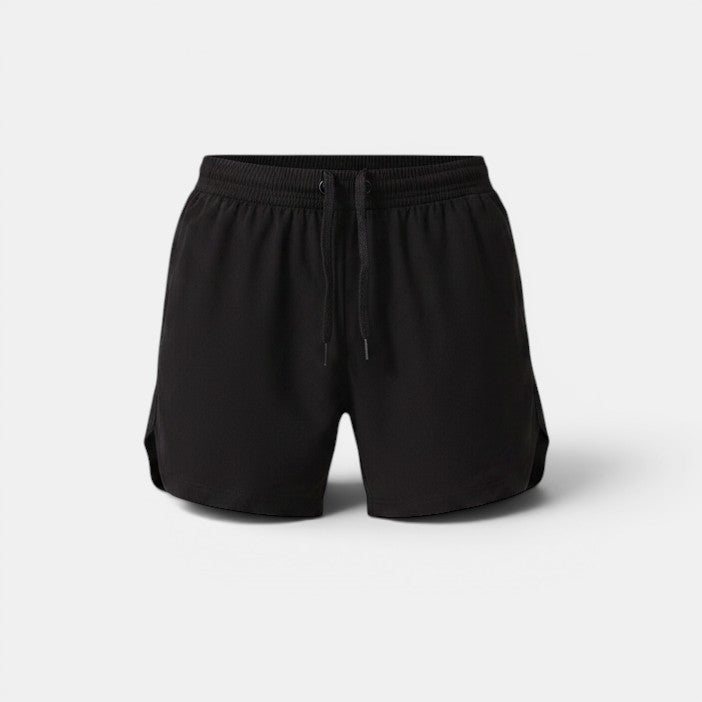 Allzom Men's black running shorts with drawstring waist and side vents, European & American style.