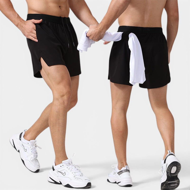 Allzom Men's black lightweight running shorts with side slits and drawstring waist, European & American style.