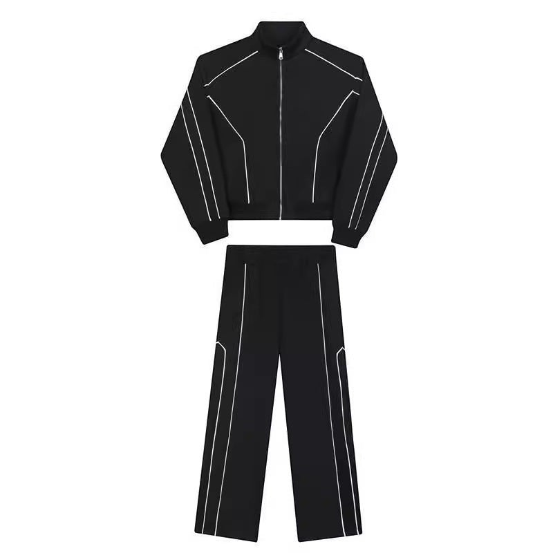 Allzom Men's black wide-leg sports suit with white piping detail on jacket and trousers.