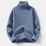 Allzom men's blue slim-fit thickened soft pullover sweater with a high turtleneck and ribbed cuffs.