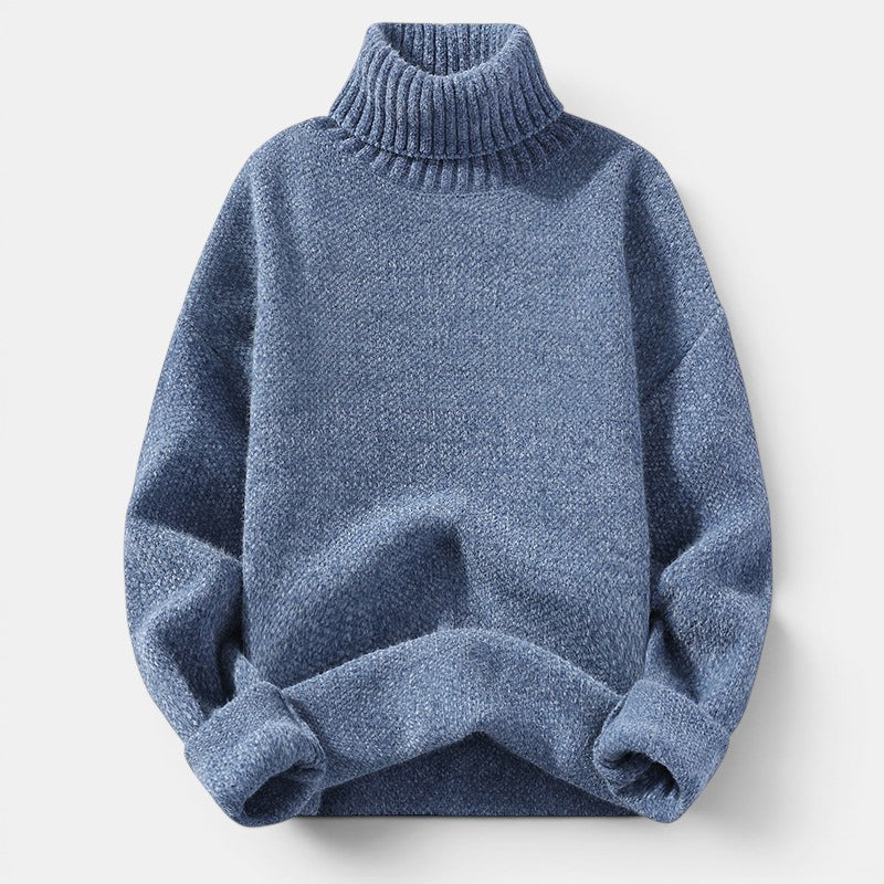 Allzom men's blue slim-fit thickened soft pullover sweater with a high turtleneck and ribbed cuffs.