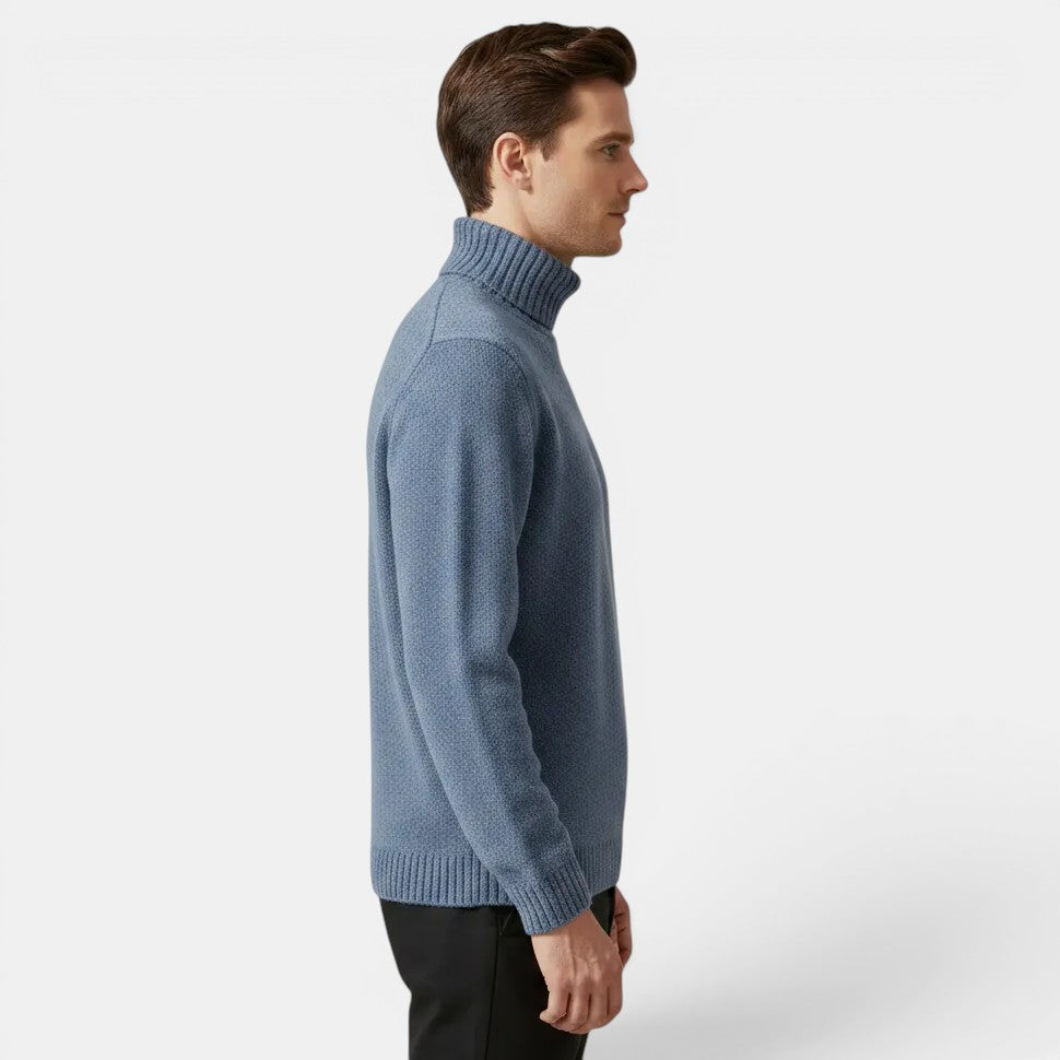 Allzom men's slim-fit blue turtleneck sweater in a textured knit. Soft, warm pullover for cold weather.